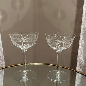 Vintage Glass Etched Stemmed Sherbert or Champagne Glasses Set of 2